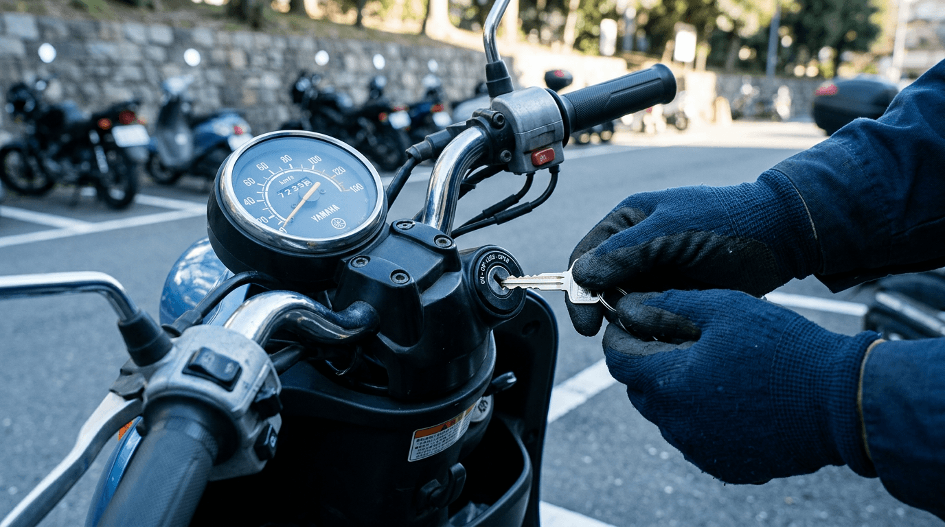 バイクの鍵穴に作成した鍵を差し込んで確認する作業員の手元
