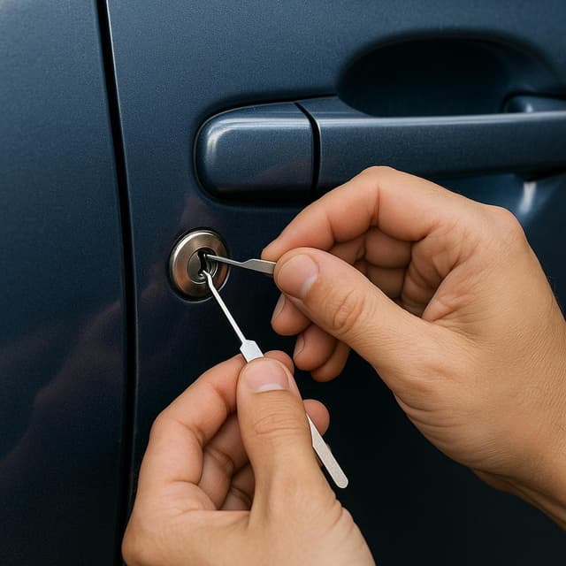 車のドアロックをピッキングツールで解錠している様子