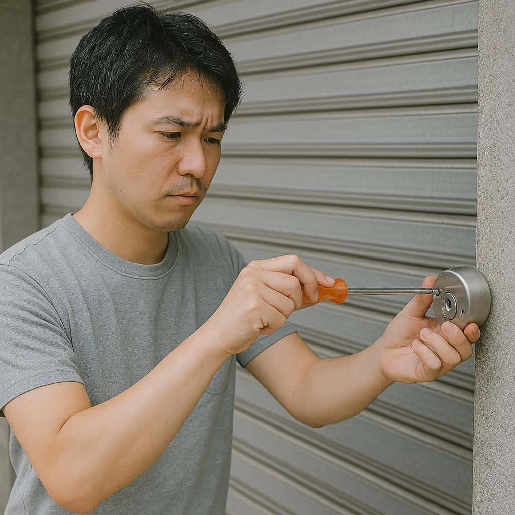 シャッター錠を自分で修理しようとする男性