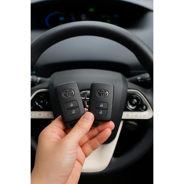 トヨタのスマートキーを2つ持っている様子、車のステアリングホイール前