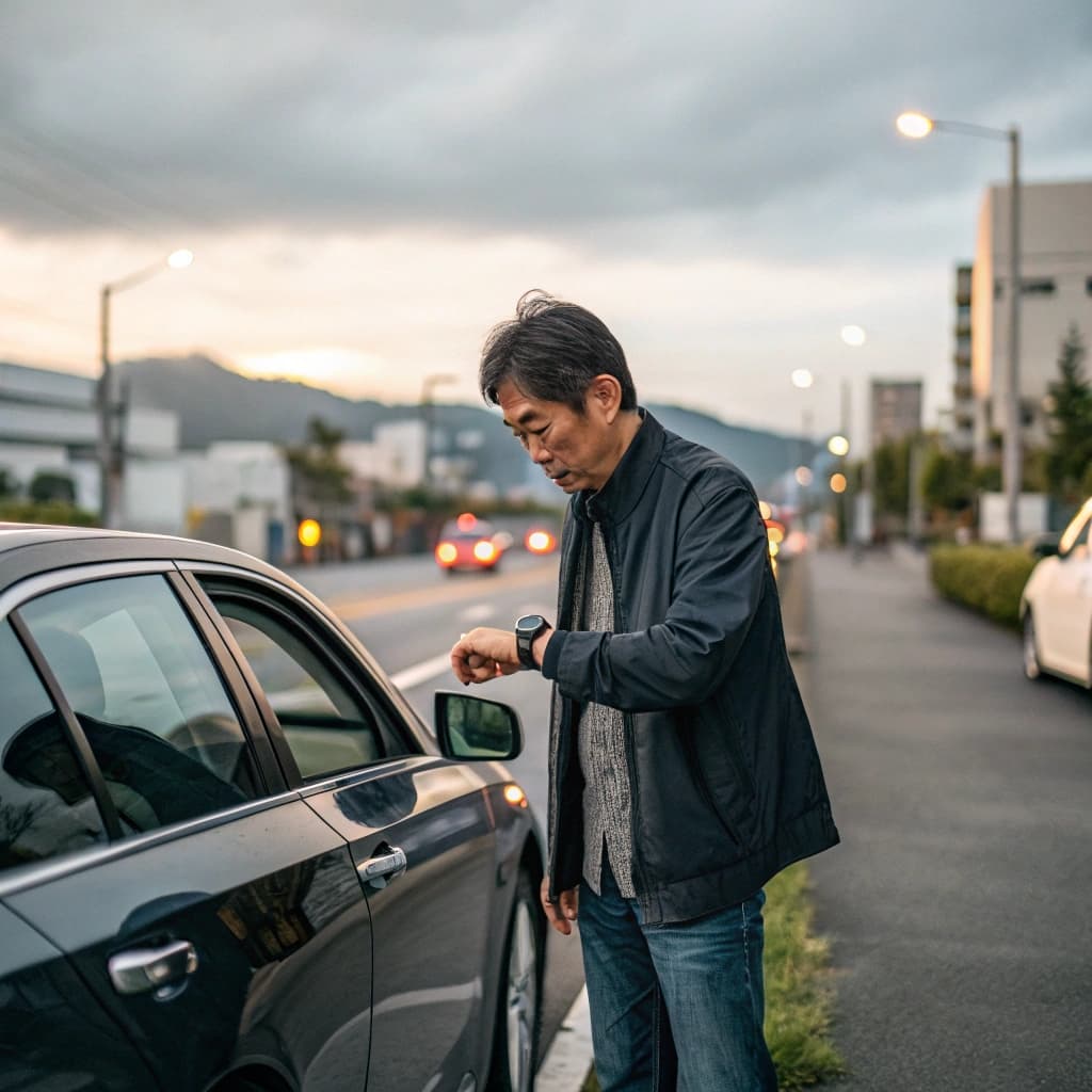車の前で時計を見て焦っている男性