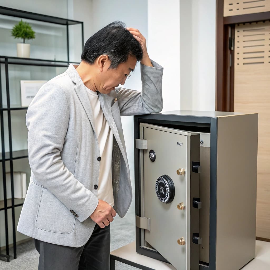 開いた金庫の前で頭を抱える男性