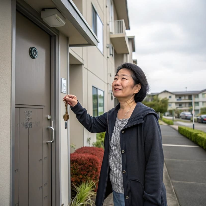 鍵の交換の費用はいくらかかる?マンションの玄関で鍵を持つ女性