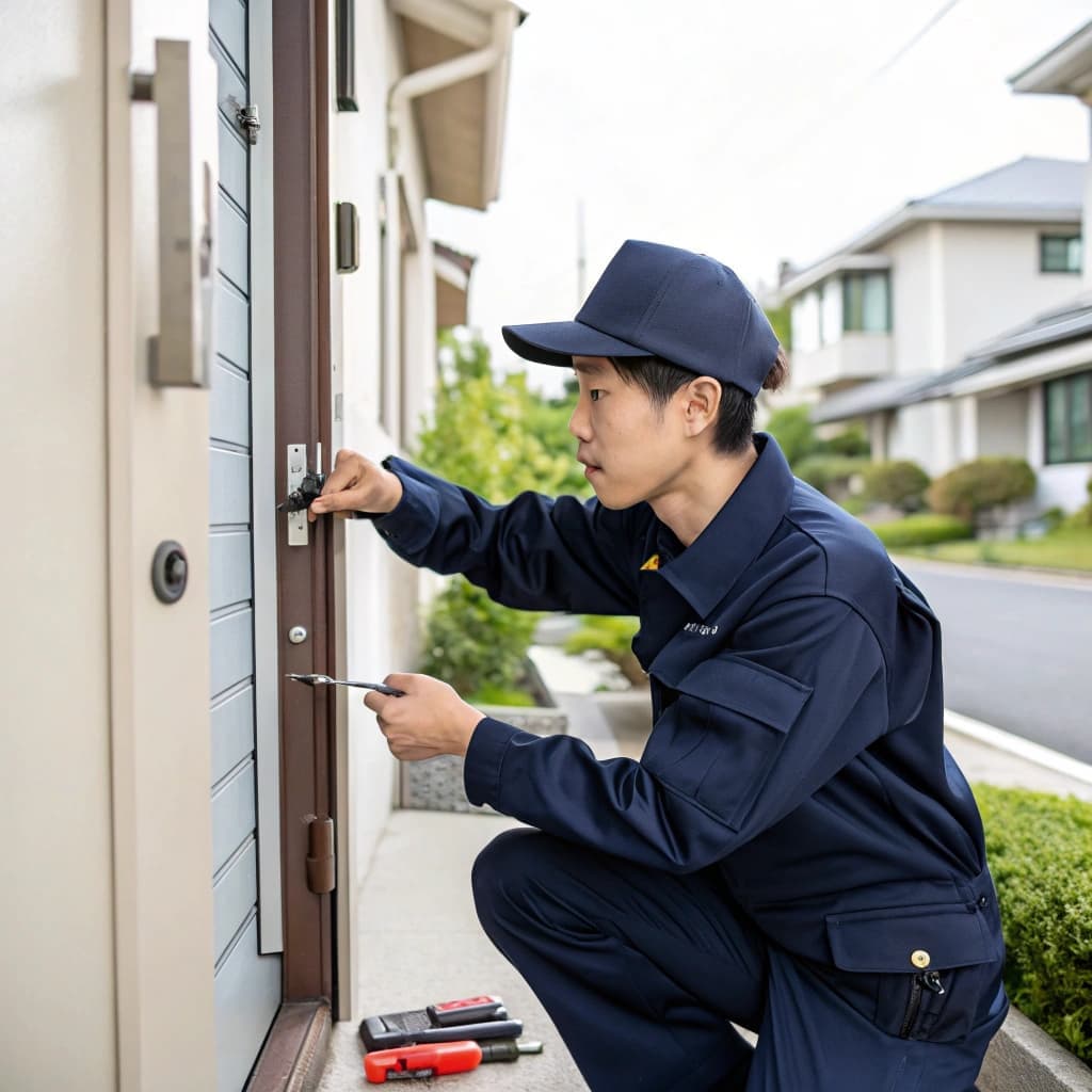 プロの鍵屋スタッフが住宅の玄関ドアの鍵を交換している様子