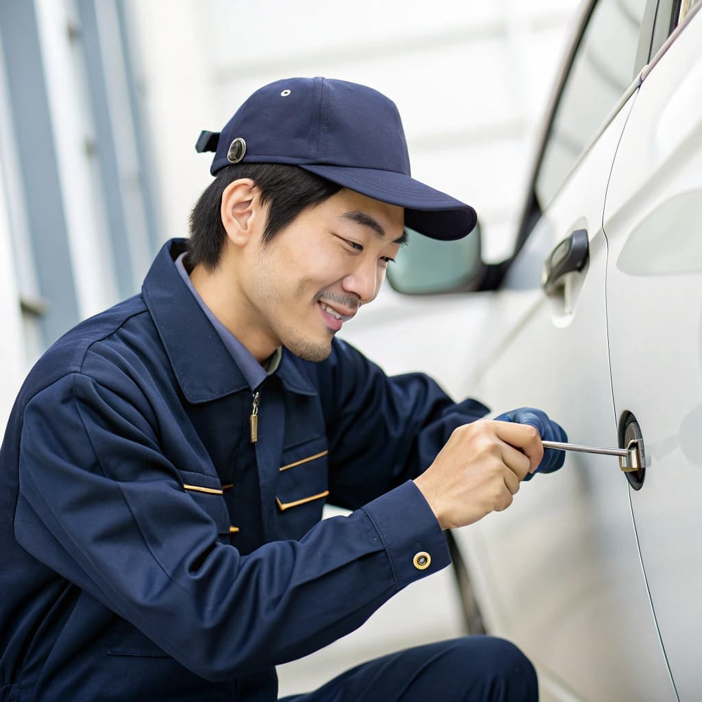 車の鍵穴に工具を差し込んで解錠作業をしている鍵師