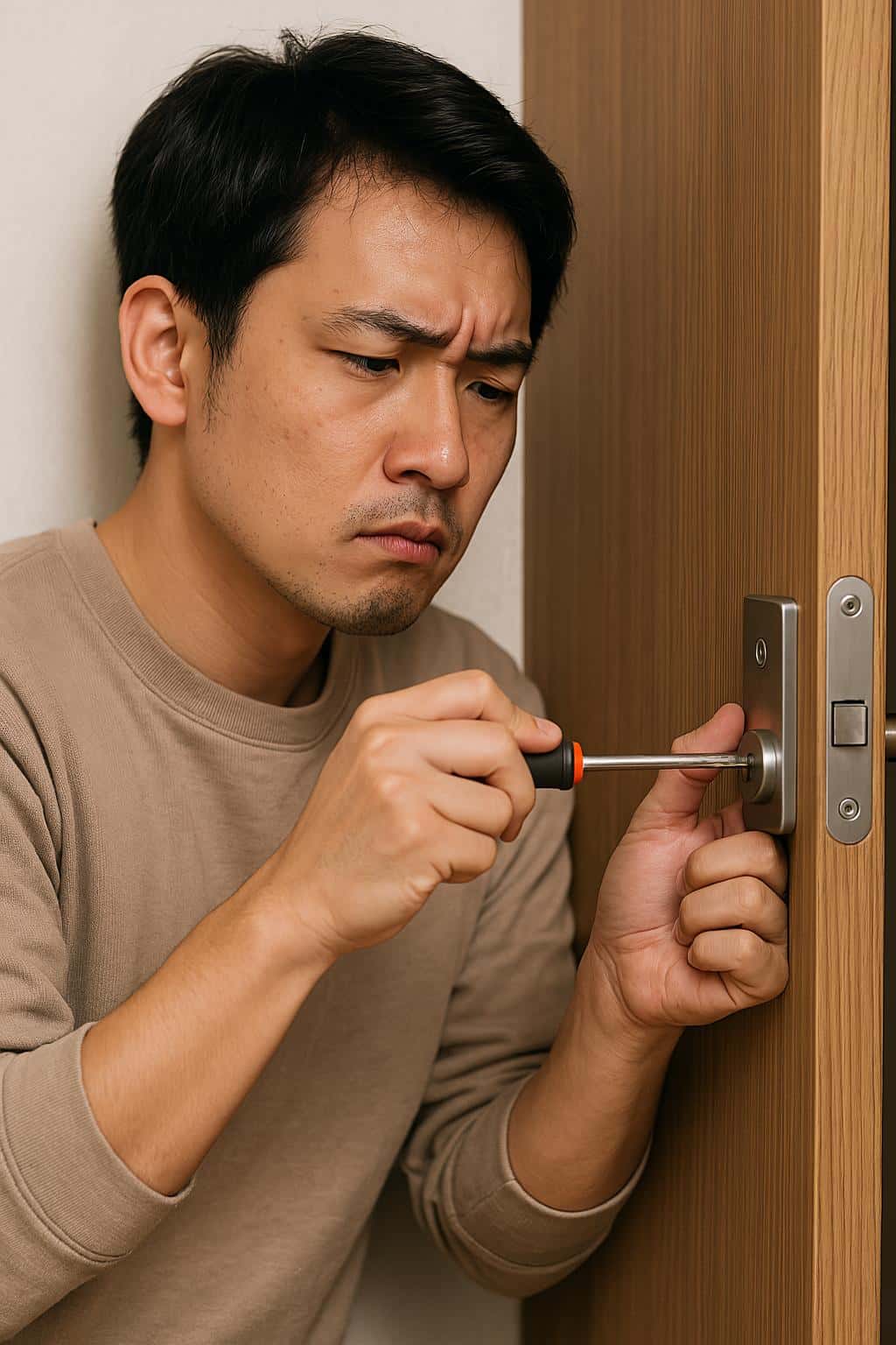 家にあるもので開けようとする様子