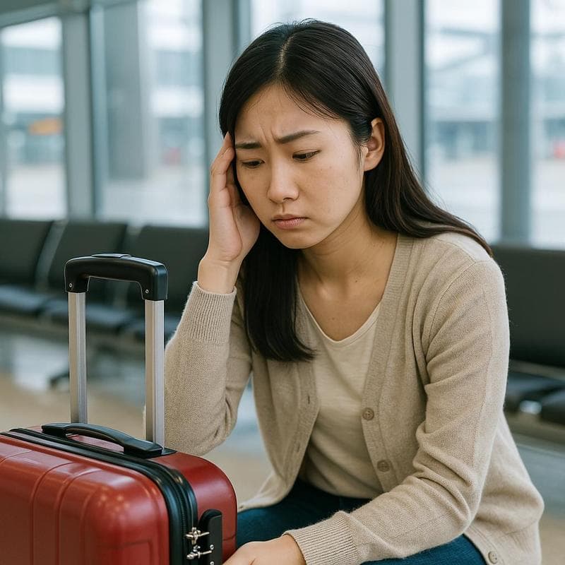空港で勝手にロックされたスーツケースに困る女性