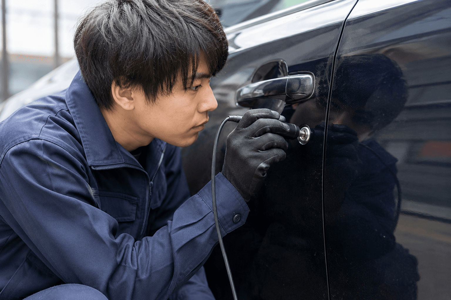 作業着姿の技術者が専用工具で車のドアの鍵穴を解錠している様子