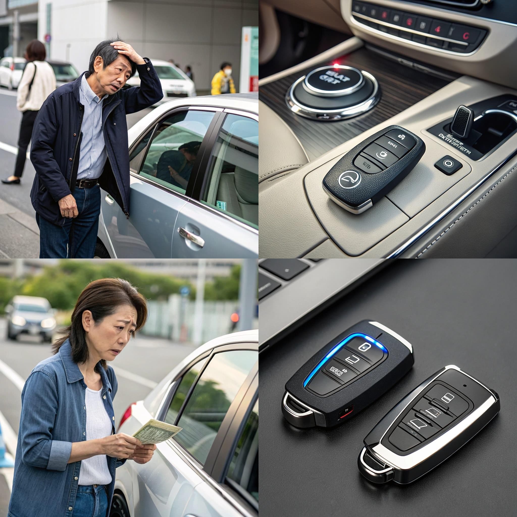 スマートキーの紛失トラブルと解決策を表す4枚の画像グリッド