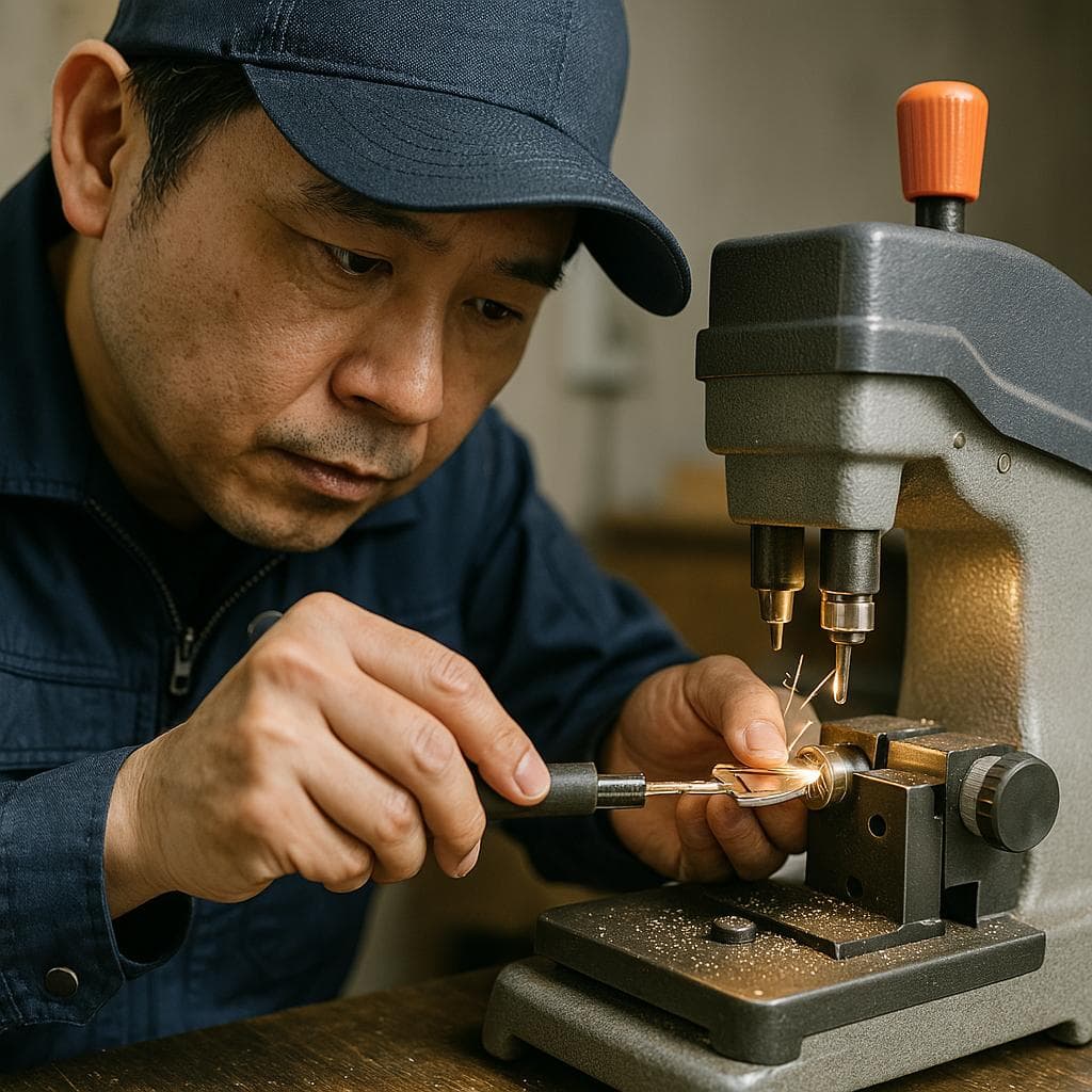プロの鍵師が精密に鍵を作成している様子