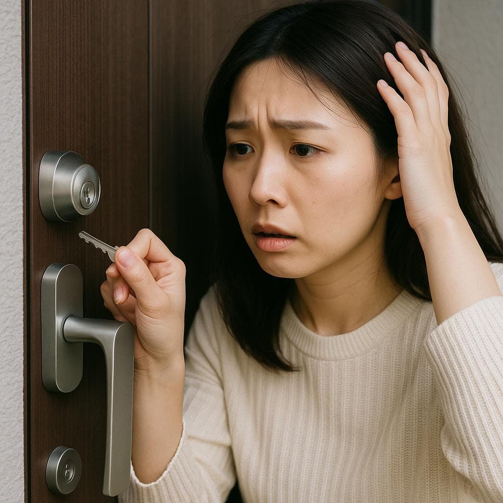 鍵が開かずに困っている女性
