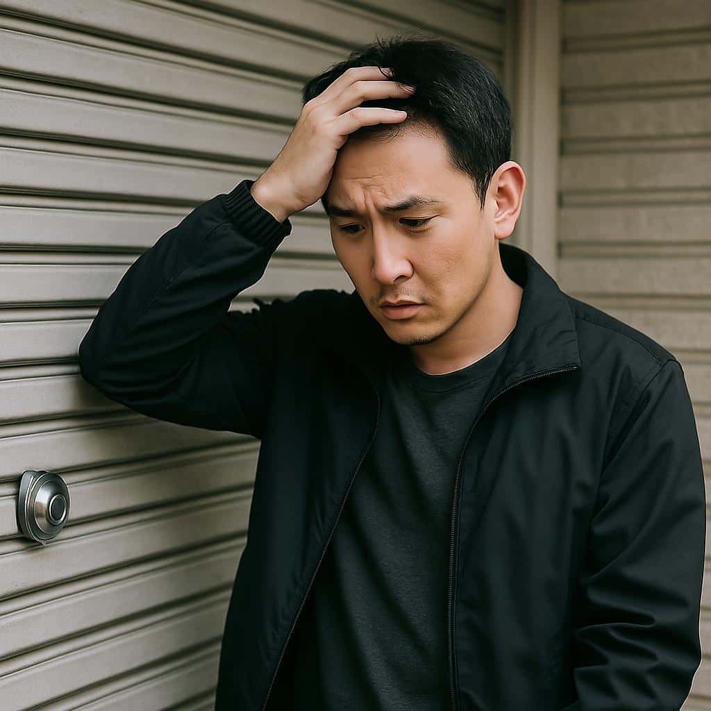 シャッターの前で鍵紛失に困っている男性