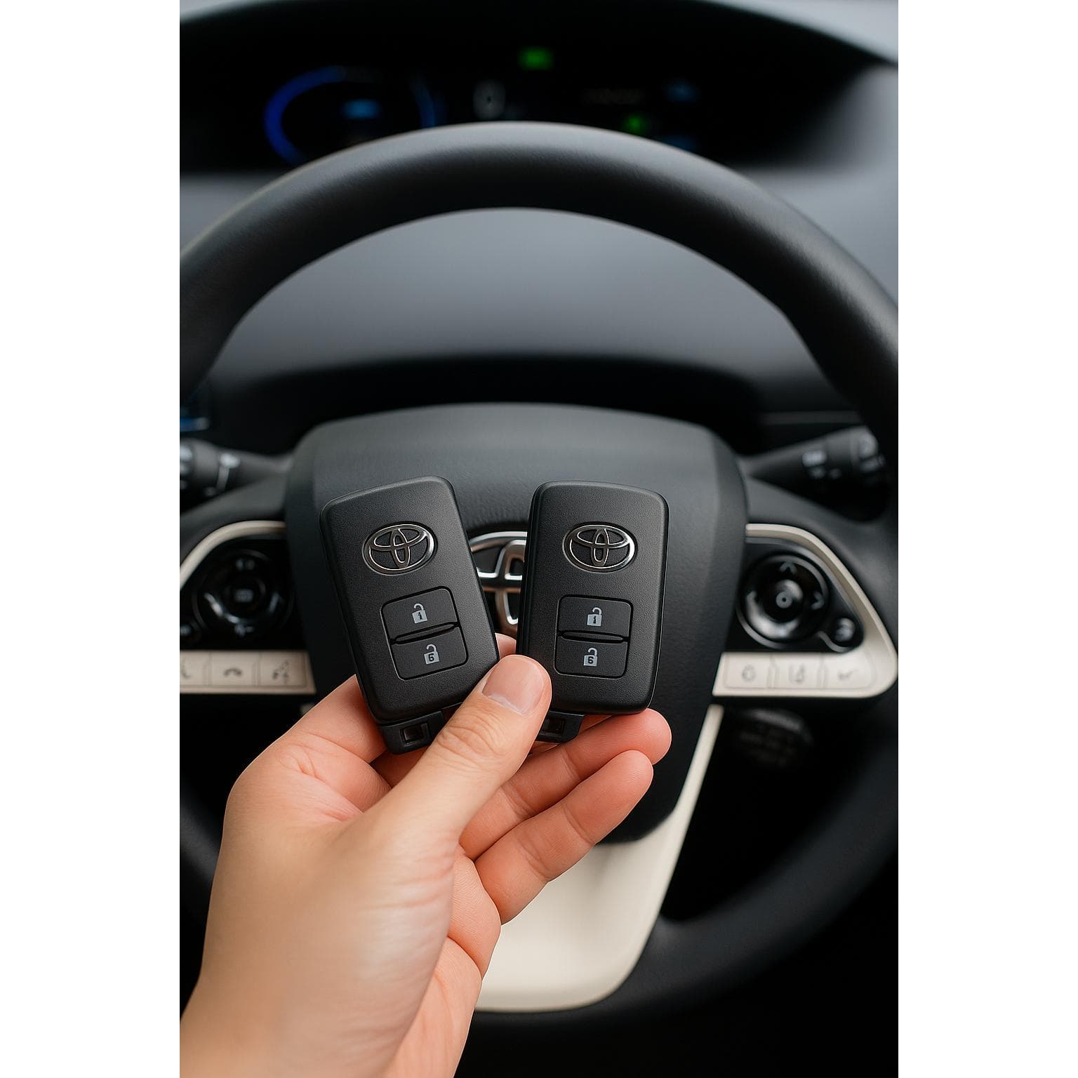 トヨタのスマートキーを2つ持っている様子、車のステアリングホイール前