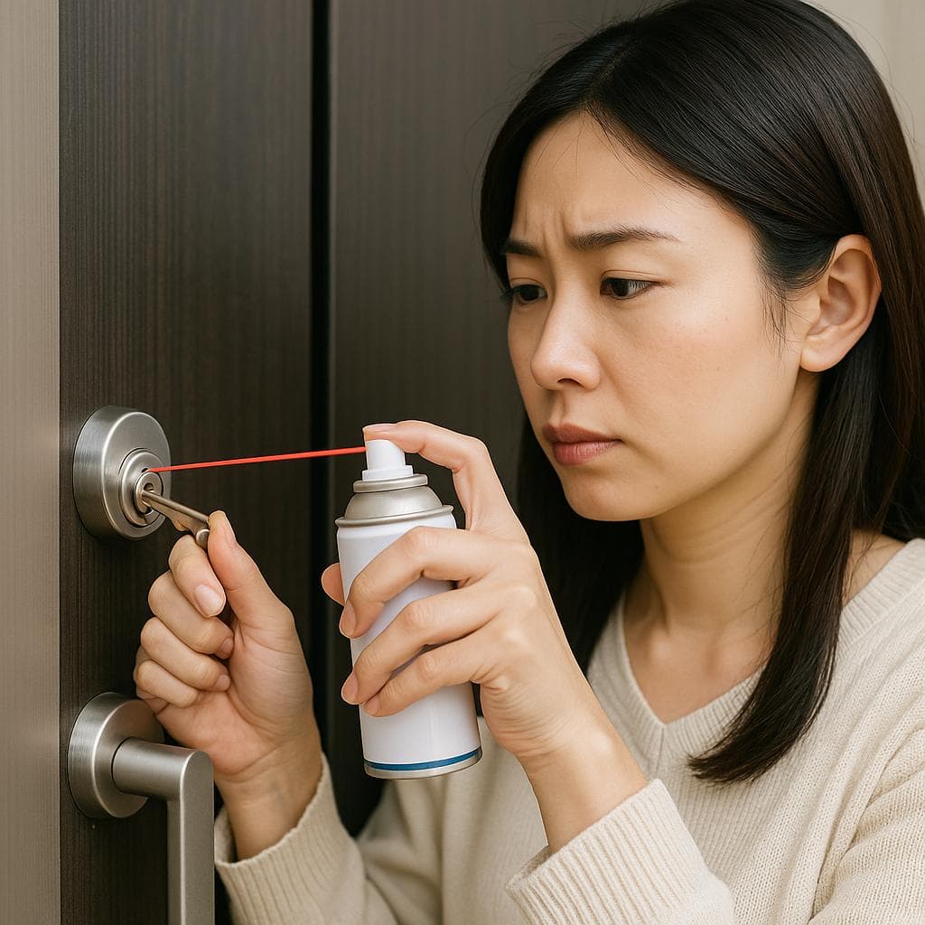 鍵穴に潤滑スプレーを使用している女性